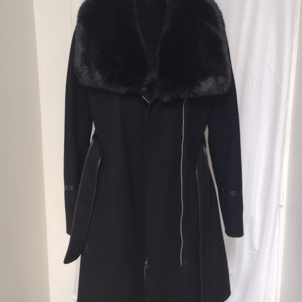 INC International Concepts Black Coat with Fur Collar